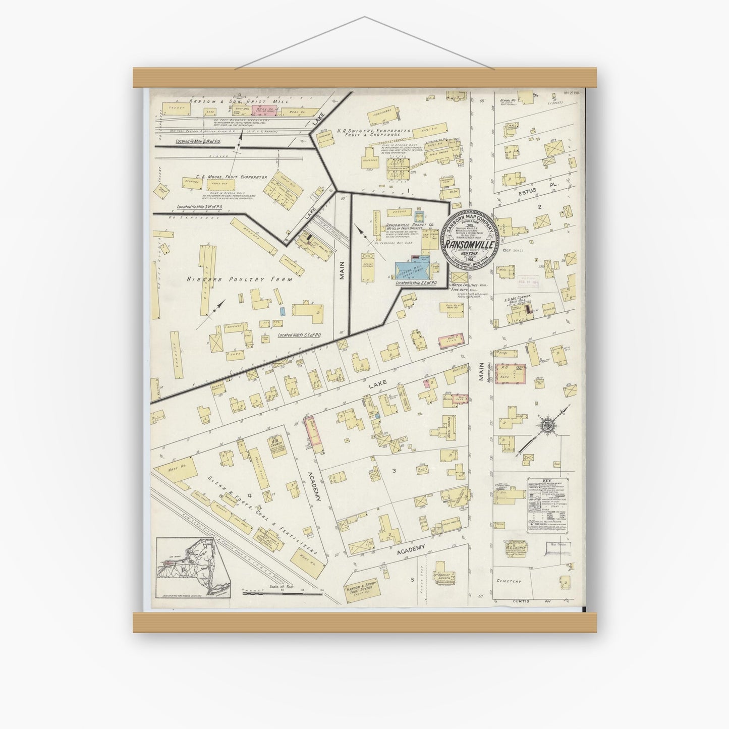 Old map wall art mockup — magnetic wood frame on white wall — Sanborn Fire Insurance Map from Ransomville, Niagara County, New York (1914), Sheet #0001