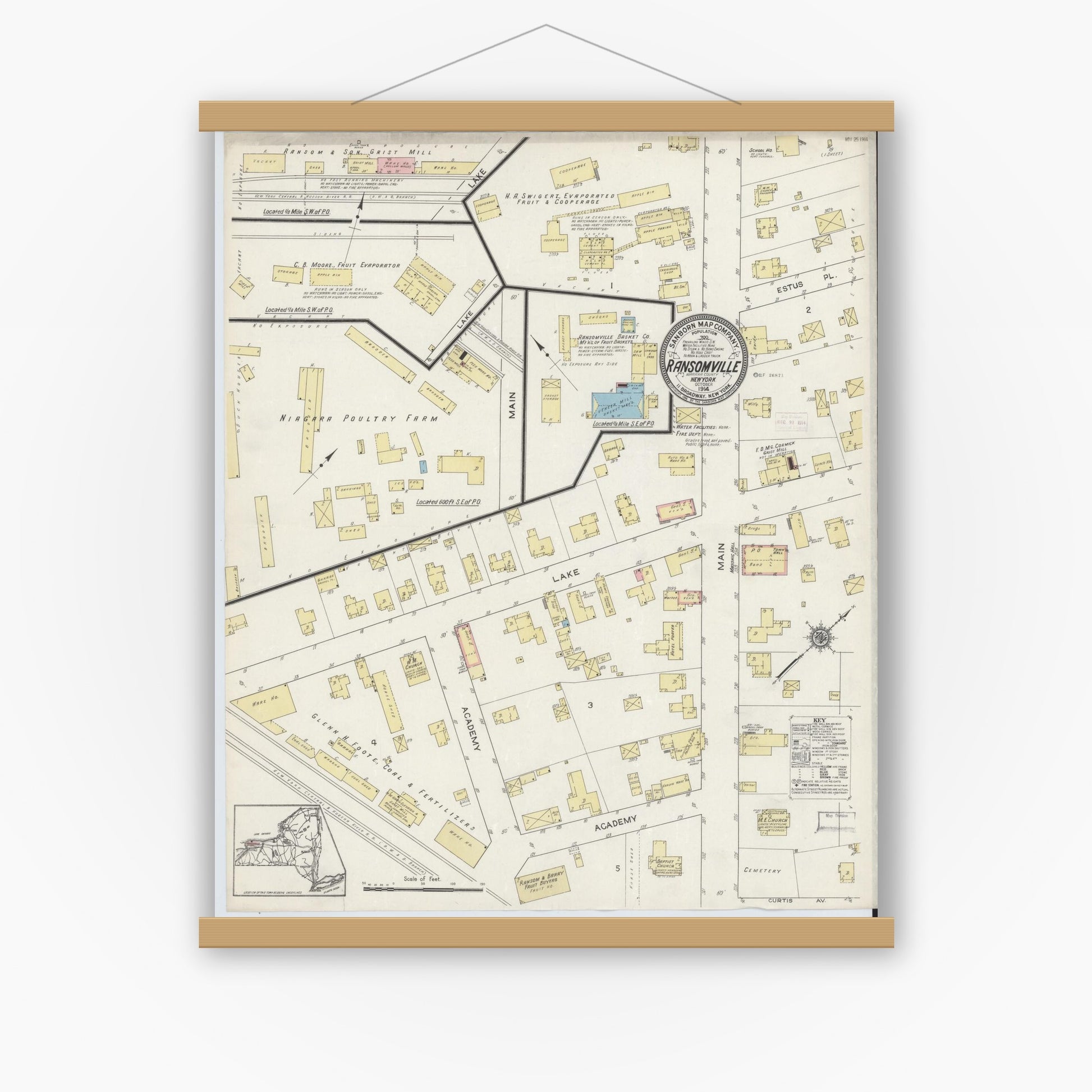 Old map wall art mockup — magnetic wood frame on white wall — Sanborn Fire Insurance Map from Ransomville, Niagara County, New York (1914), Sheet #0001