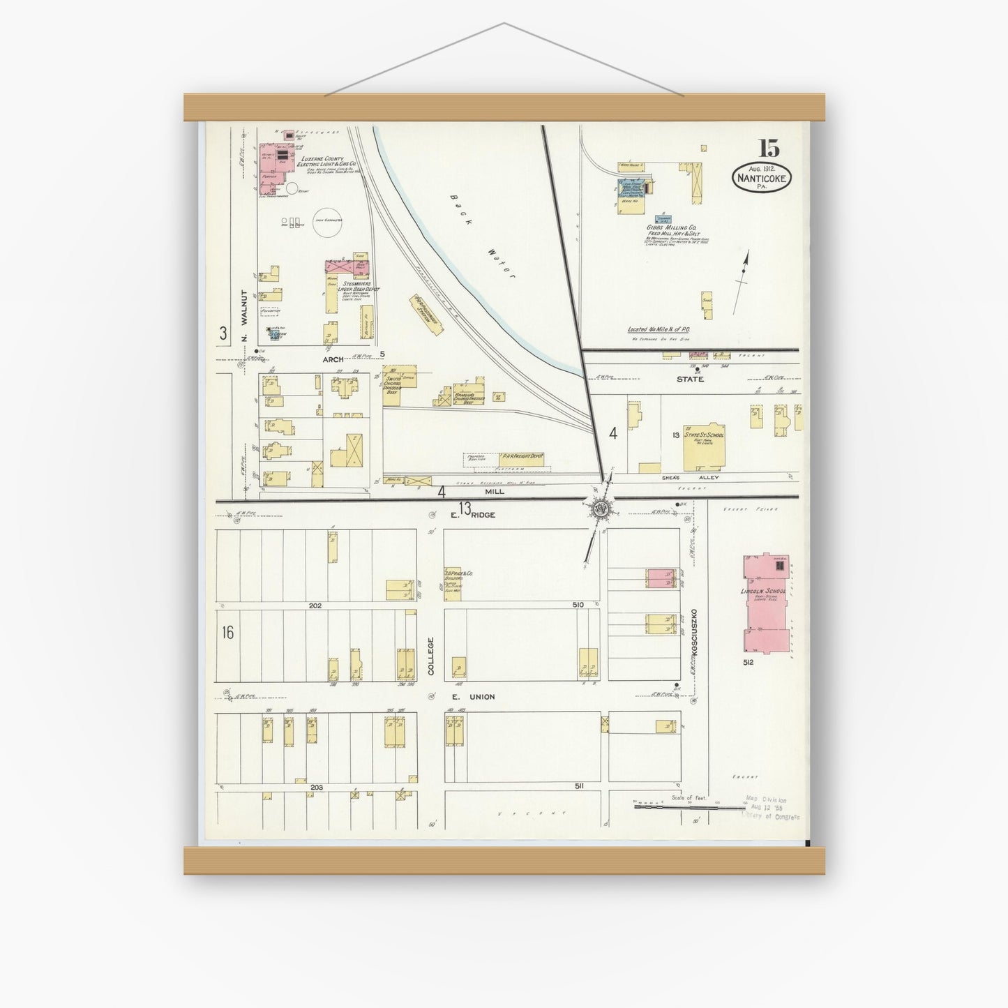 Old map wall art mockup — magnetic wood frame on white wall — Sanborn Fire Insurance Map from Nanticoke, Luzerne County, Pennsylvania (1912), Sheet #0015