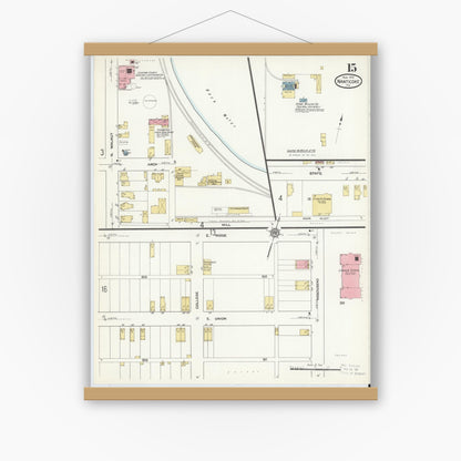 Old map wall art mockup — magnetic wood frame on white wall — Sanborn Fire Insurance Map from Nanticoke, Luzerne County, Pennsylvania (1912), Sheet #0015