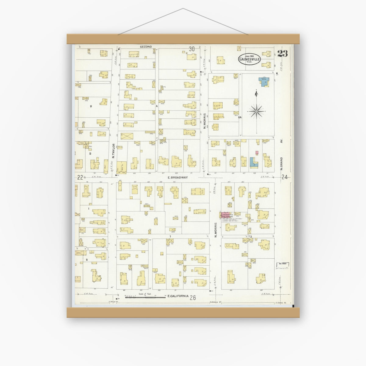 Old map wall art mockup — magnetic wood frame on white wall — Sanborn Fire Insurance Map from Gainesville, Cooke County, Texas (1908), Sheet #0023