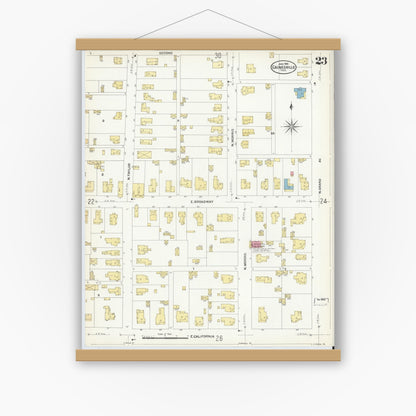 Old map wall art mockup — magnetic wood frame on white wall — Sanborn Fire Insurance Map from Gainesville, Cooke County, Texas (1908), Sheet #0023