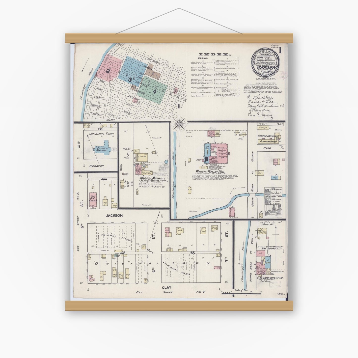 Old map wall art mockup — magnetic wood frame on white wall — Sanborn Fire Insurance Map from Warsaw, Hancock County, Illinois (1890) - Complete Map Set