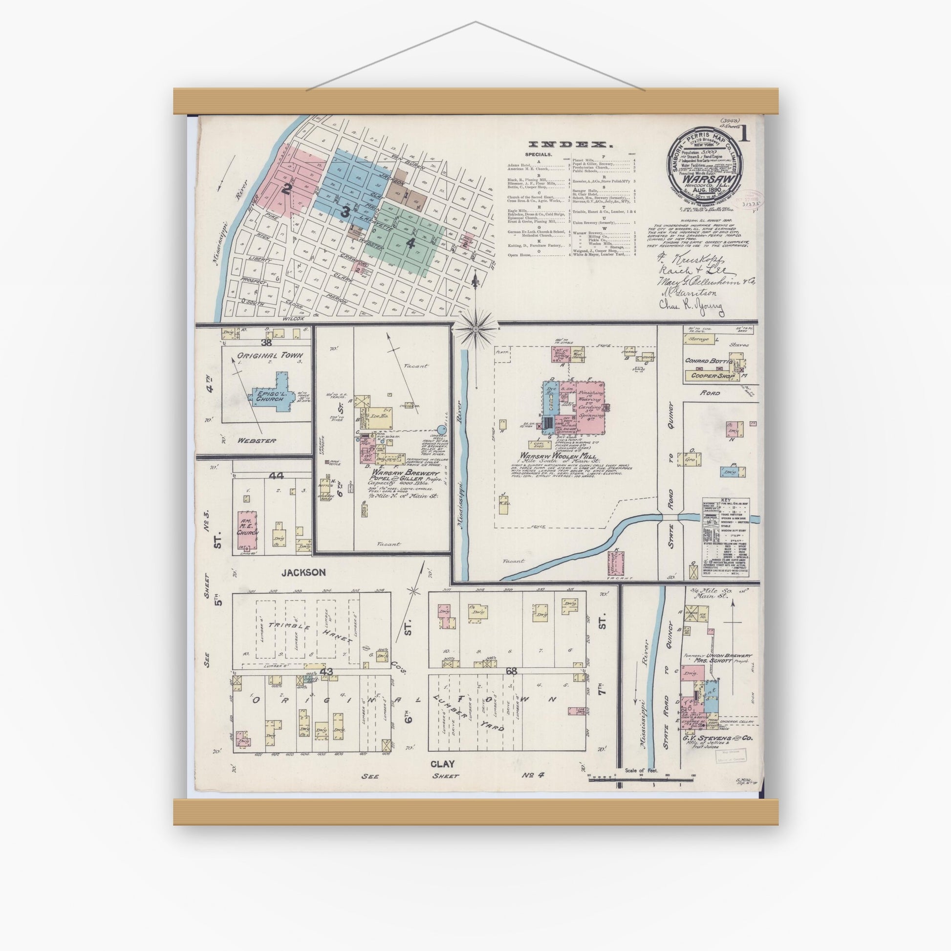 Old map wall art mockup — magnetic wood frame on white wall — Sanborn Fire Insurance Map from Warsaw, Hancock County, Illinois (1890) - Complete Map Set