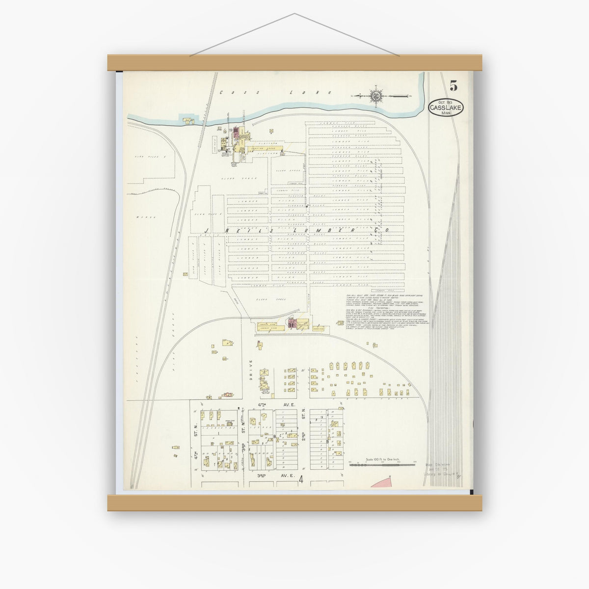 Old map wall art mockup — magnetic wood frame on white wall — Sanborn Fire Insurance Map from Cass Lake, Cass County, Minnesota (1913), Sheet #0005