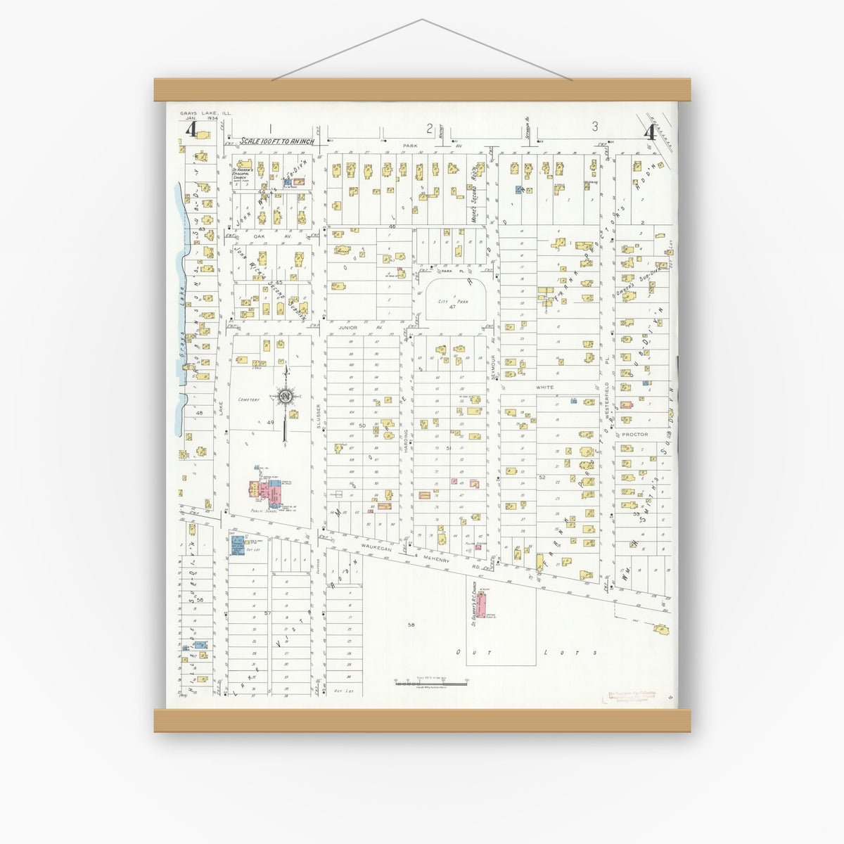 Old map wall art mockup — magnetic wood frame on white wall — Sanborn Fire Insurance Map from Grays Lake, Lake County, Illinois (1934), Sheet #0004