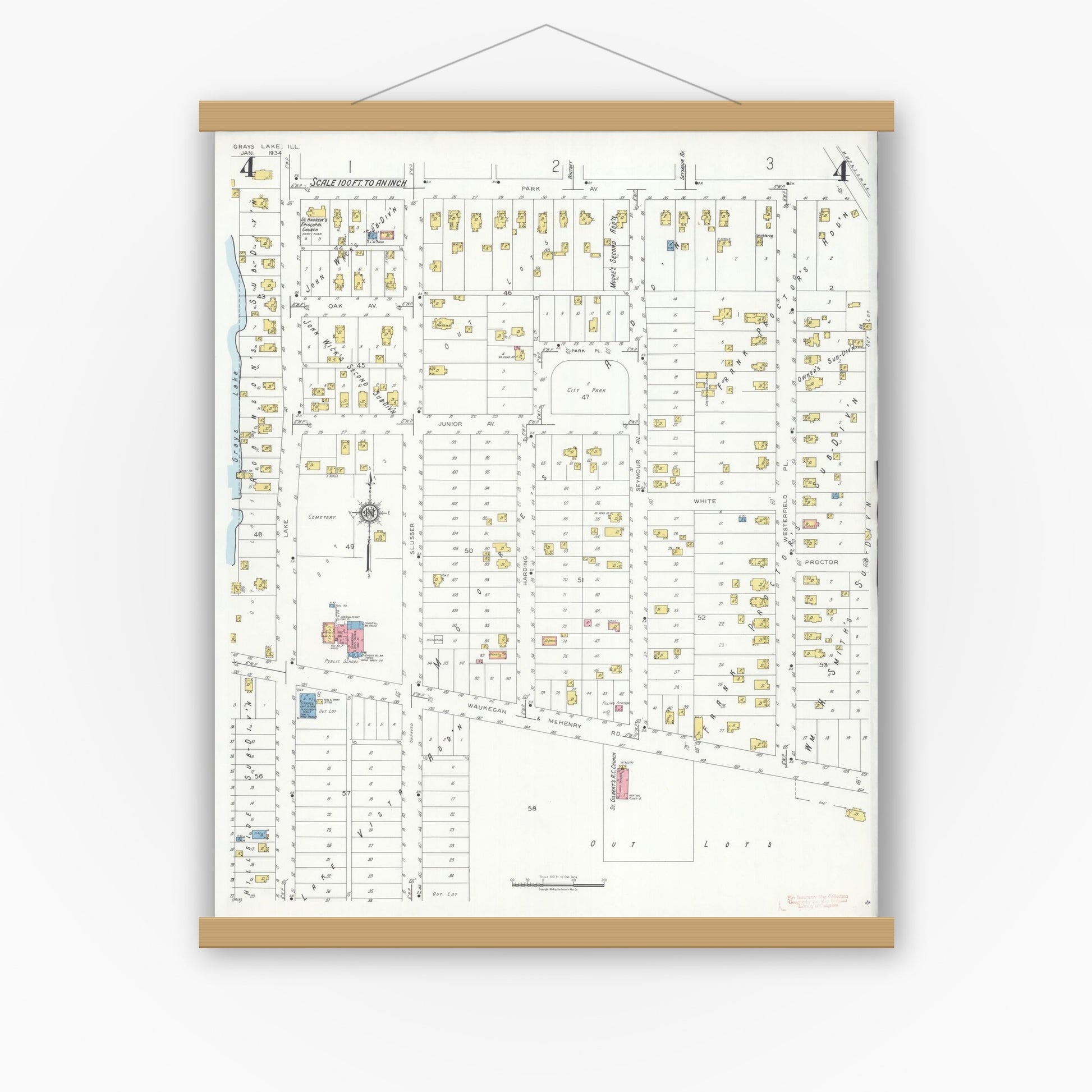 Old map wall art mockup — magnetic wood frame on white wall — Sanborn Fire Insurance Map from Grays Lake, Lake County, Illinois (1934), Sheet #0004