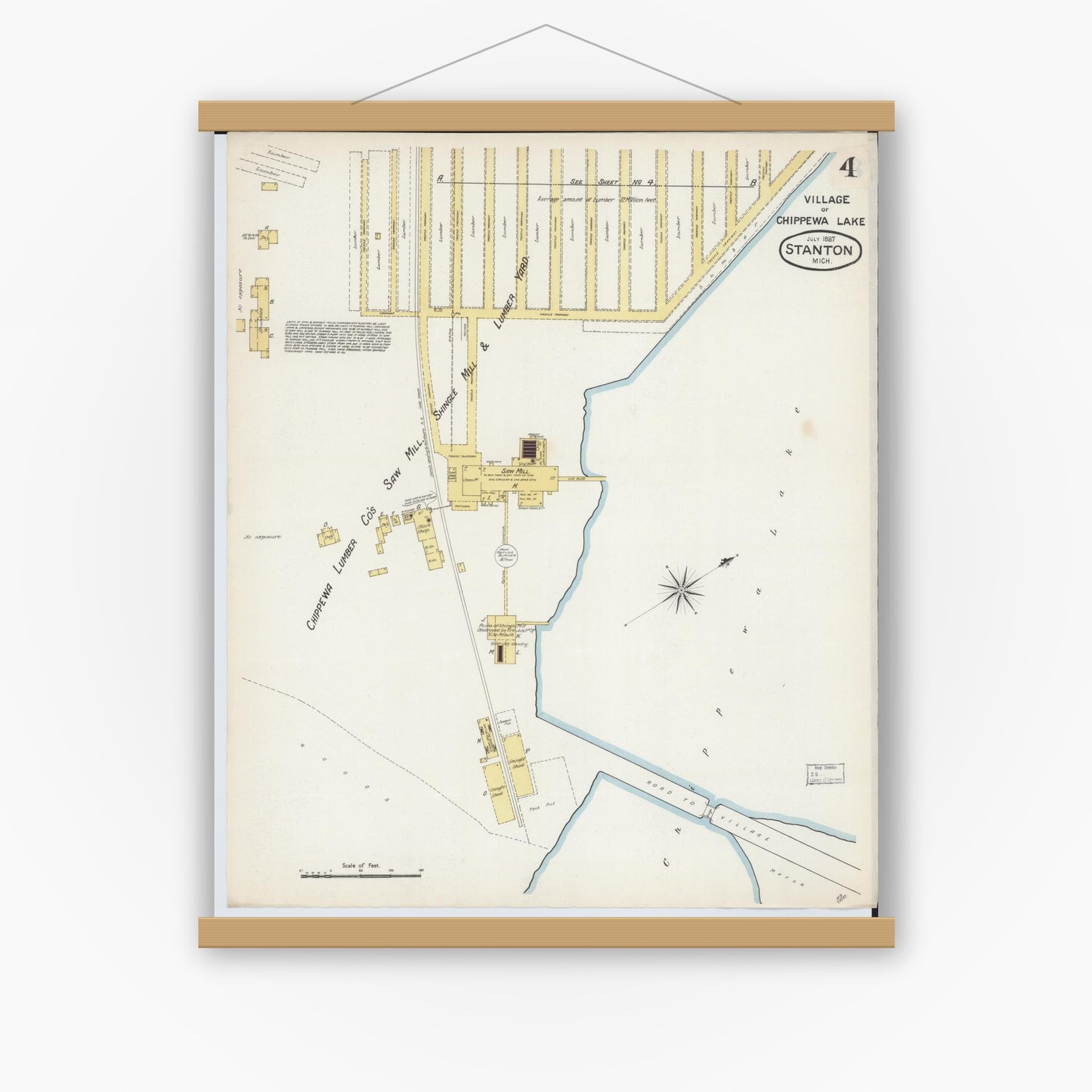 Old map wall art mockup — magnetic wood frame on white wall — Sanborn Fire Insurance Map from Stanton, Montcalm County, Michigan (1887), Sheet #0004