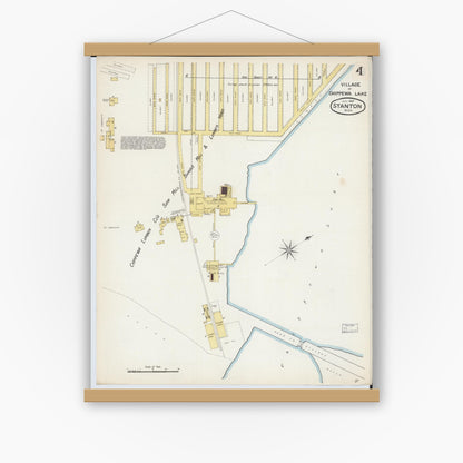 Old map wall art mockup — magnetic wood frame on white wall — Sanborn Fire Insurance Map from Stanton, Montcalm County, Michigan (1887), Sheet #0004