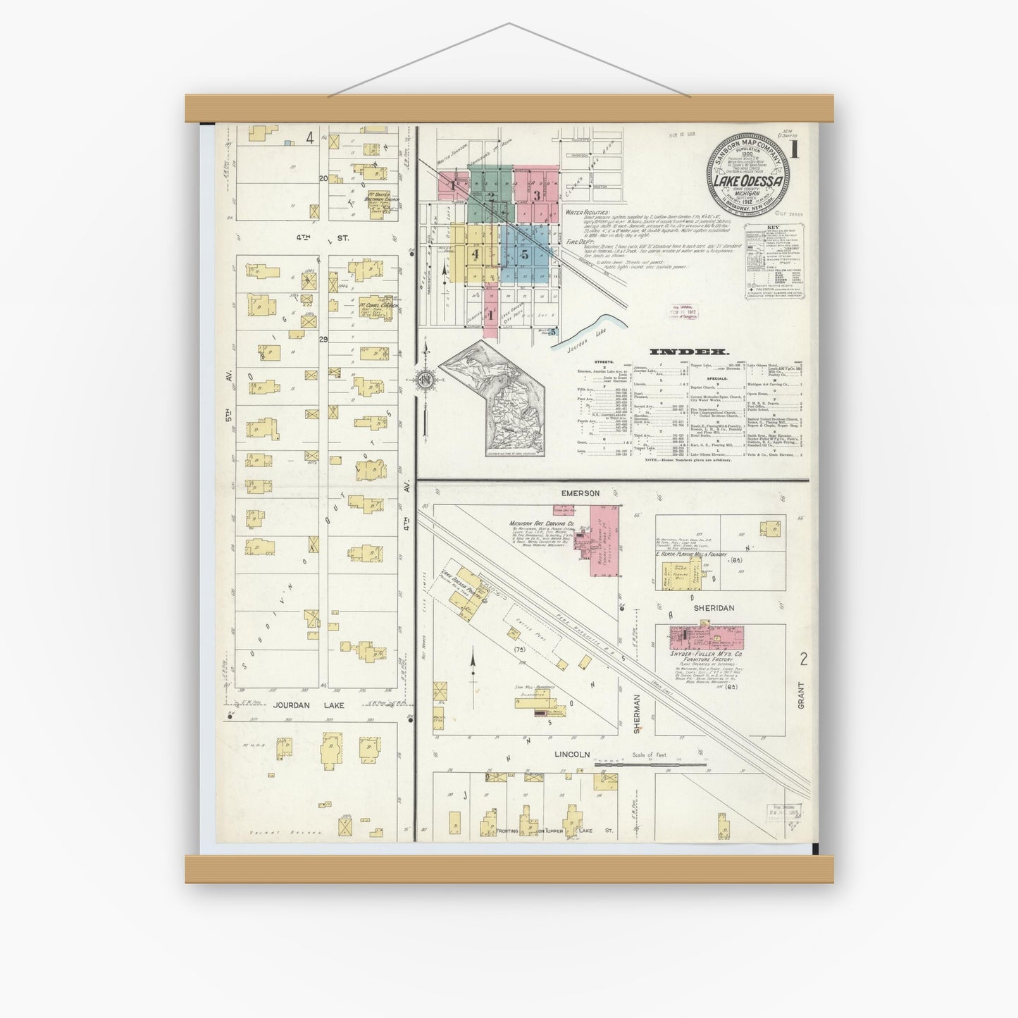 Old map wall art mockup — magnetic wood frame on white wall — Sanborn Fire Insurance Map from Lake Odessa, Ionia County, Michigan (1912) - Complete Map Set