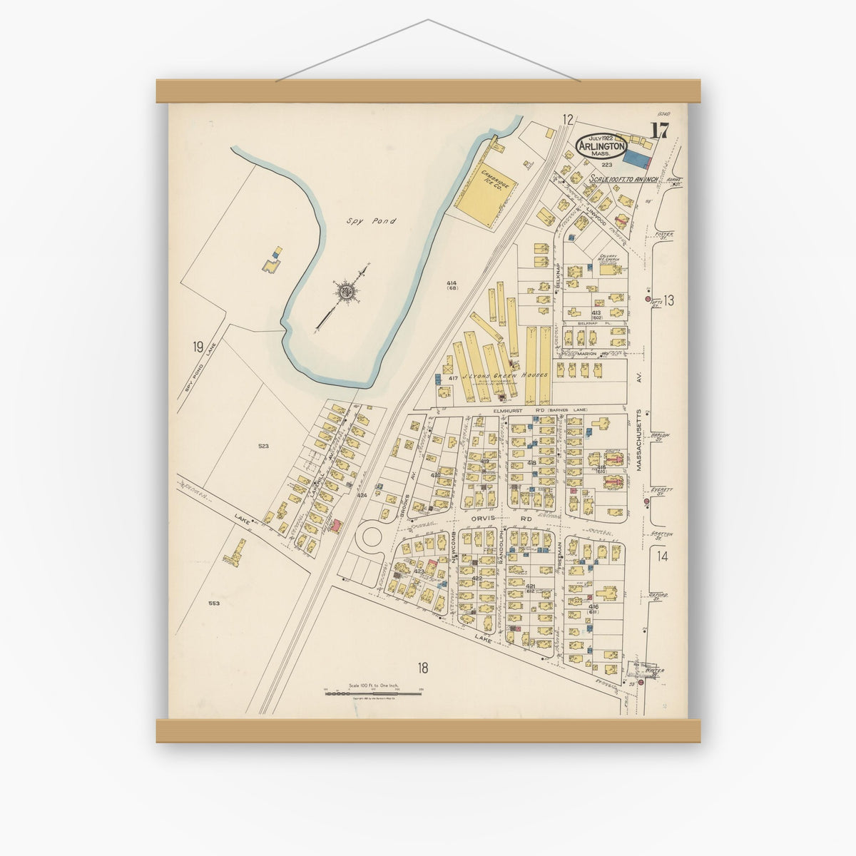 Old map wall art mockup — magnetic wood frame on white wall — Sanborn Fire Insurance Map from Arlington, Middlesex County, Massachusetts (1922), Sheet #0017