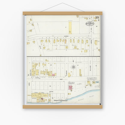 Old map wall art mockup — magnetic wood frame on white wall — Sanborn Fire Insurance Map from Mount Clemens, Macomb County, Michigan (1897), Sheet #0011