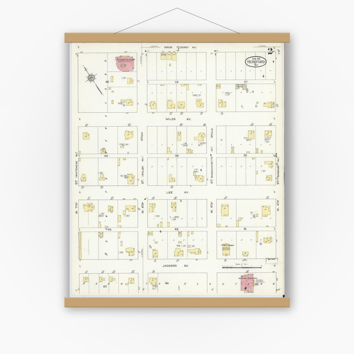 Old map wall art mockup — magnetic wood frame on white wall — Sanborn Fire Insurance Map from Hereford, Deaf Smith County, Texas (1913), Sheet #0002