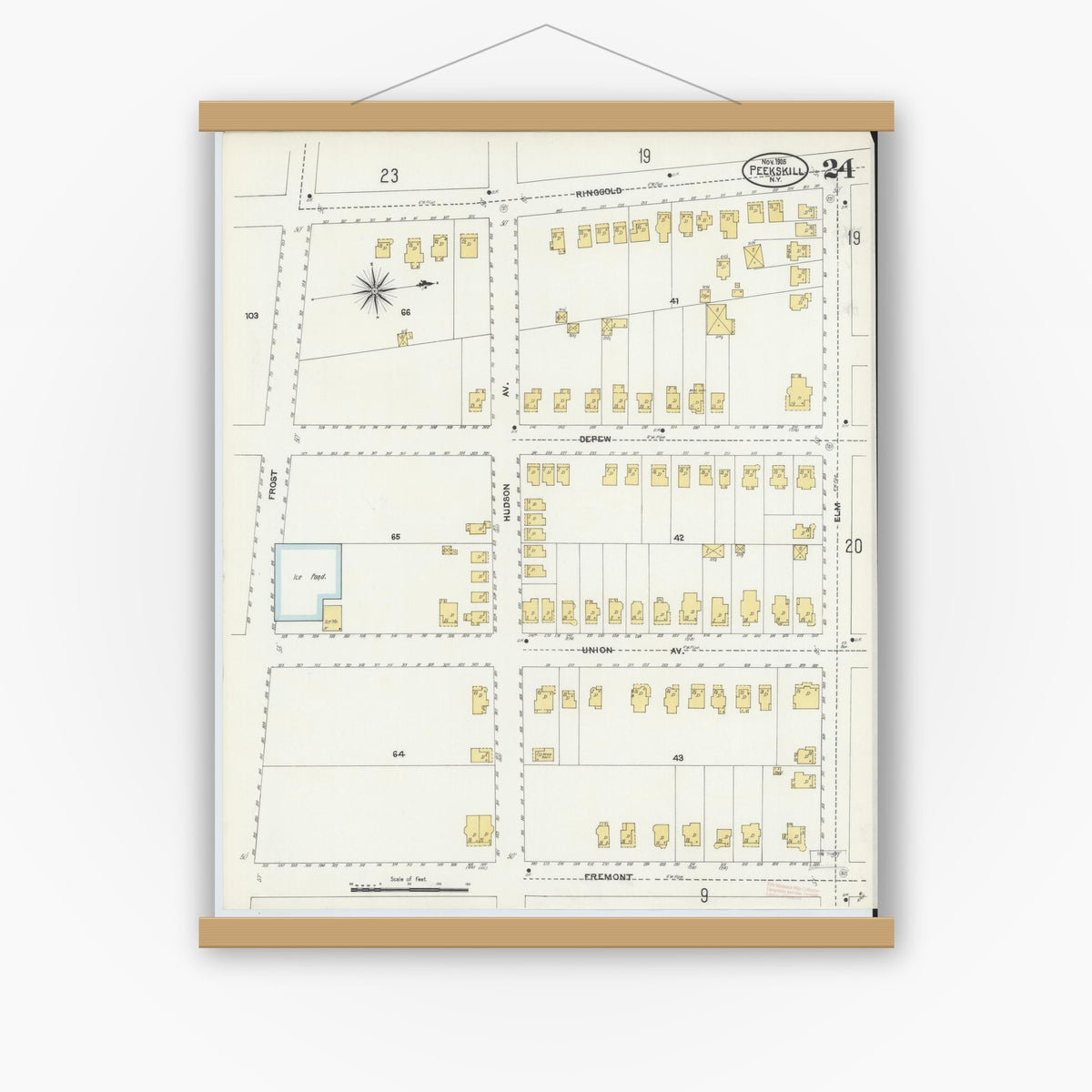 Old map wall art mockup — magnetic wood frame on white wall — Sanborn Fire Insurance Map from Peekskill, Westchester County, New York (1905), Sheet #0024