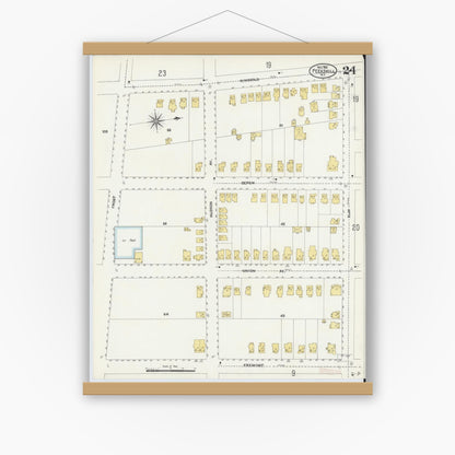 Old map wall art mockup — magnetic wood frame on white wall — Sanborn Fire Insurance Map from Peekskill, Westchester County, New York (1905), Sheet #0024