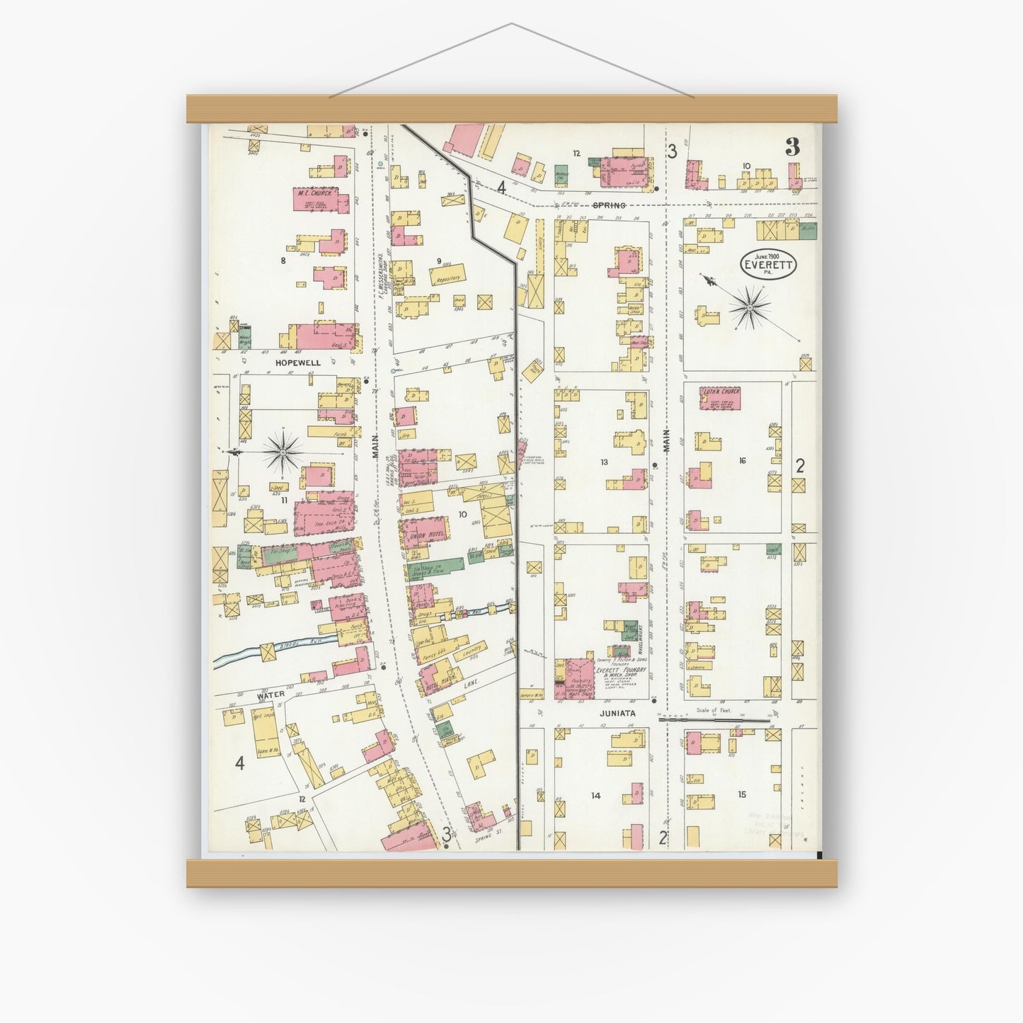 Old map wall art mockup — magnetic wood frame on white wall — Sanborn Fire Insurance Map from Everett, Bedford County, Pennsylvania (1900), Sheet #0003