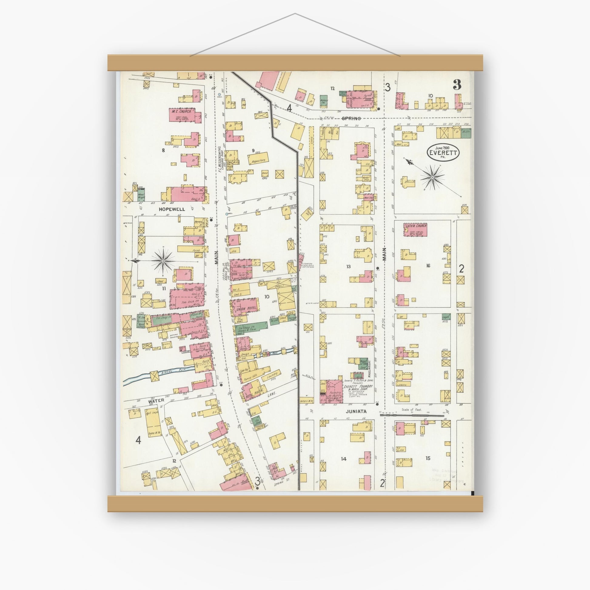 Old map wall art mockup — magnetic wood frame on white wall — Sanborn Fire Insurance Map from Everett, Bedford County, Pennsylvania (1900), Sheet #0003