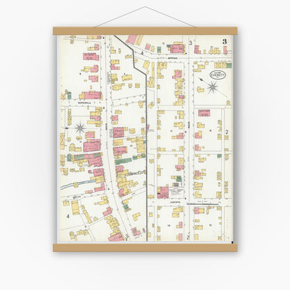 Old map wall art mockup — magnetic wood frame on white wall — Sanborn Fire Insurance Map from Everett, Bedford County, Pennsylvania (1900), Sheet #0003
