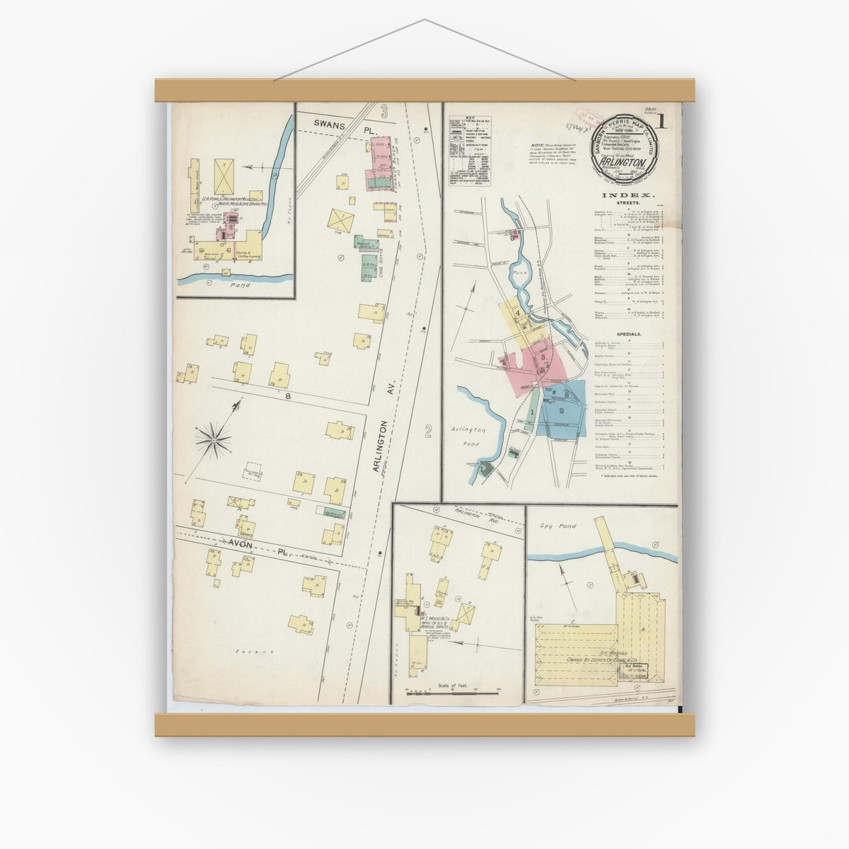 Old map wall art mockup — magnetic wood frame on white wall — Sanborn Fire Insurance Map from Arlington, Middlesex County, Massachusetts (1892), Sheet #0001