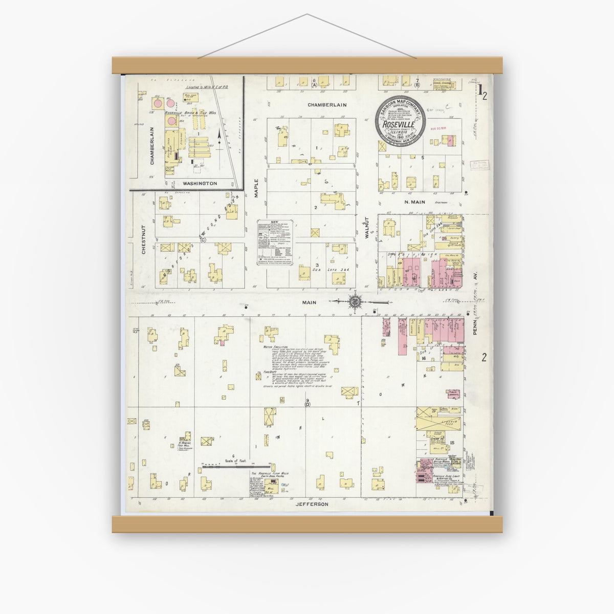Old map wall art mockup — magnetic wood frame on white wall — Sanborn Fire Insurance Map from Roseville, Warren County, Illinois (1910), Sheet #0001