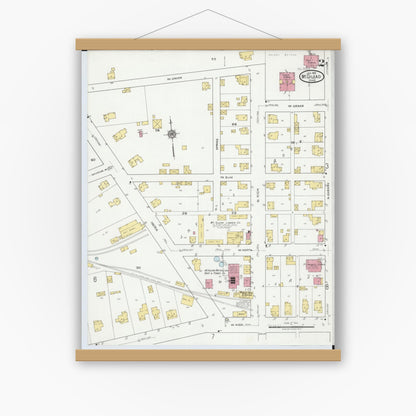Old map wall art mockup — magnetic wood frame on white wall — Sanborn Fire Insurance Map from Mount Gilead, Morrow County, Ohio (1919), Sheet #0002