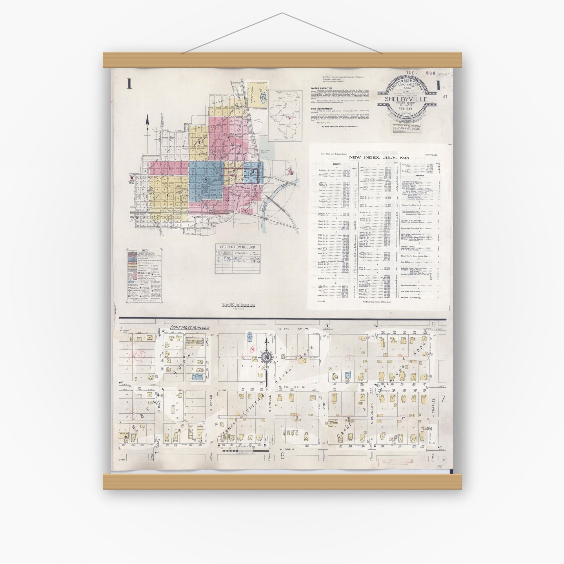 Old map wall art mockup — magnetic wood frame on white wall — Sanborn Fire Insurance Map from Shelbyville, Shelby County, Illinois (1941) - Complete Map Set