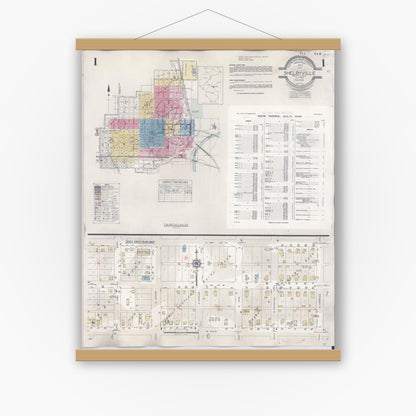 Old map wall art mockup — magnetic wood frame on white wall — Sanborn Fire Insurance Map from Shelbyville, Shelby County, Illinois (1941) - Complete Map Set