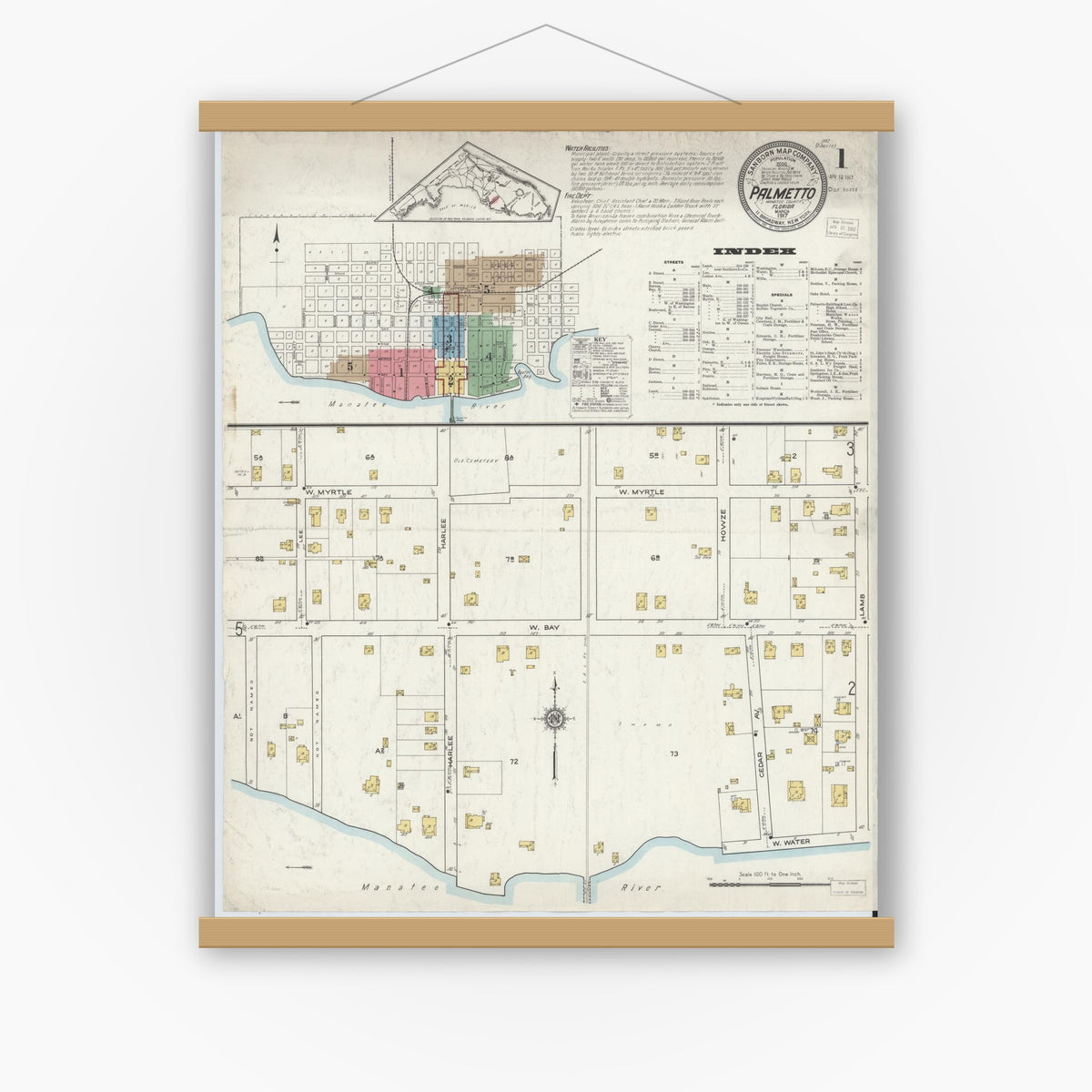 Old map wall art mockup — magnetic wood frame on white wall — Sanborn Fire Insurance Map from Palmetto, Manatee County, Florida (1917) - Complete Map Set