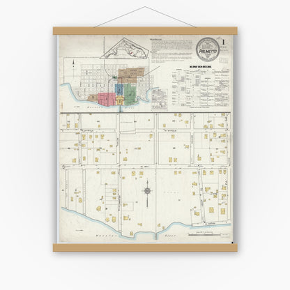 Old map wall art mockup — magnetic wood frame on white wall — Sanborn Fire Insurance Map from Palmetto, Manatee County, Florida (1917) - Complete Map Set