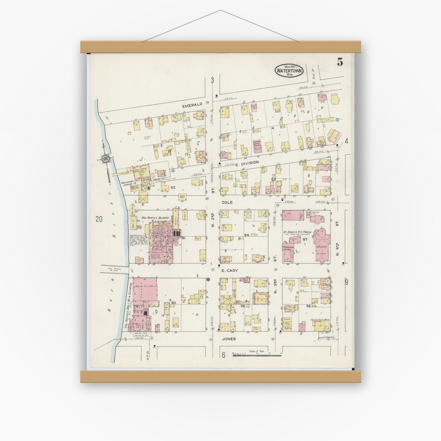 Old map wall art mockup — magnetic wood frame on white wall — Sanborn Fire Insurance Map from Watertown, Jefferson County, Wisconsin (1915), Sheet #0006