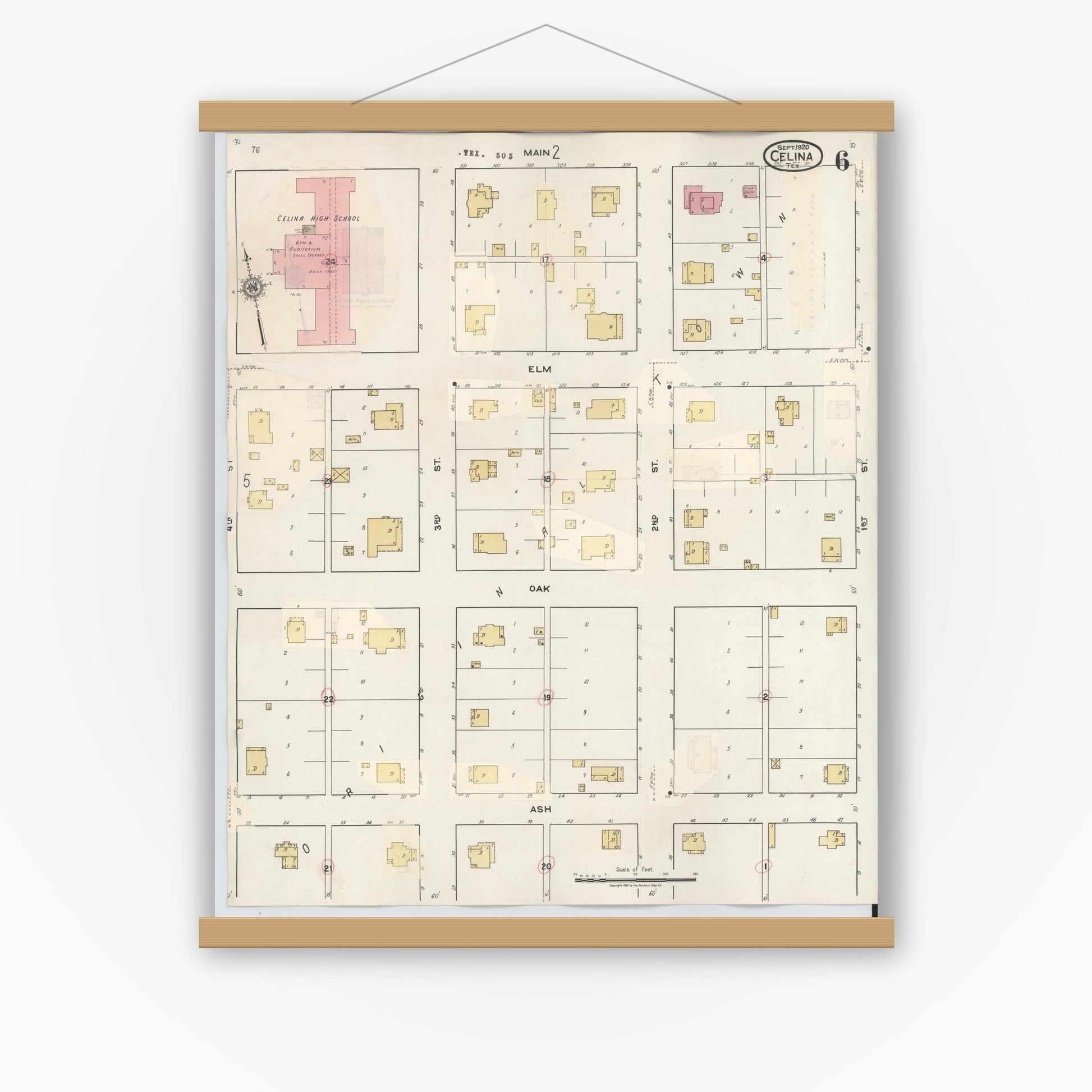 Old map wall art mockup — magnetic wood frame on white wall — Sanborn Fire Insurance Map from Celina, Collin County, Texas (1944), Sheet #0006