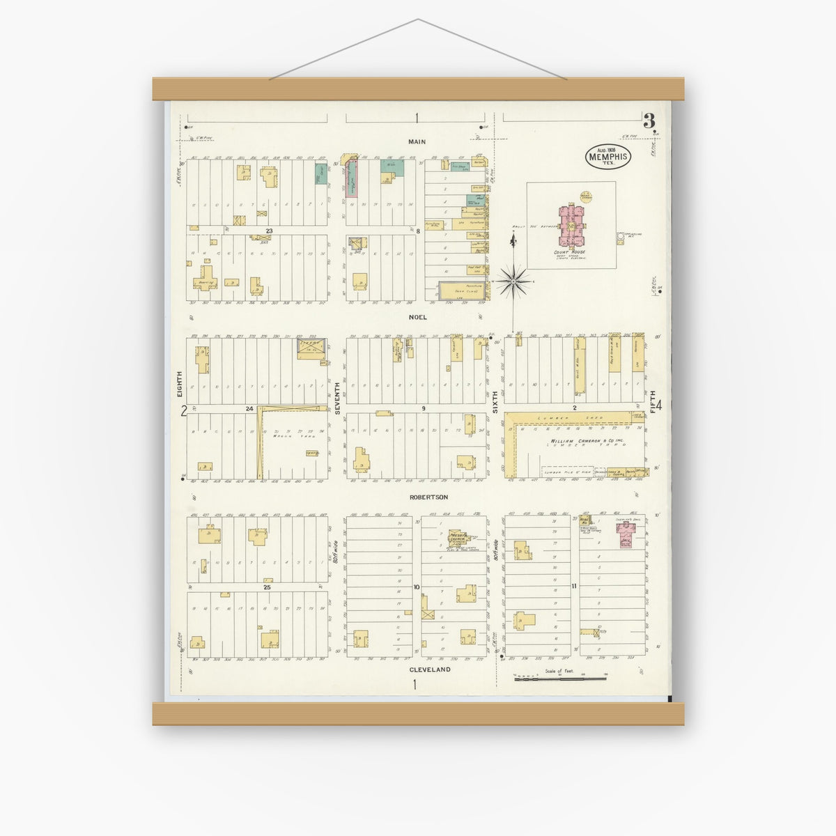 Old map wall art mockup — magnetic wood frame on white wall — Sanborn Fire Insurance Map from Memphis, Hall County, Texas (1908), Sheet #0003