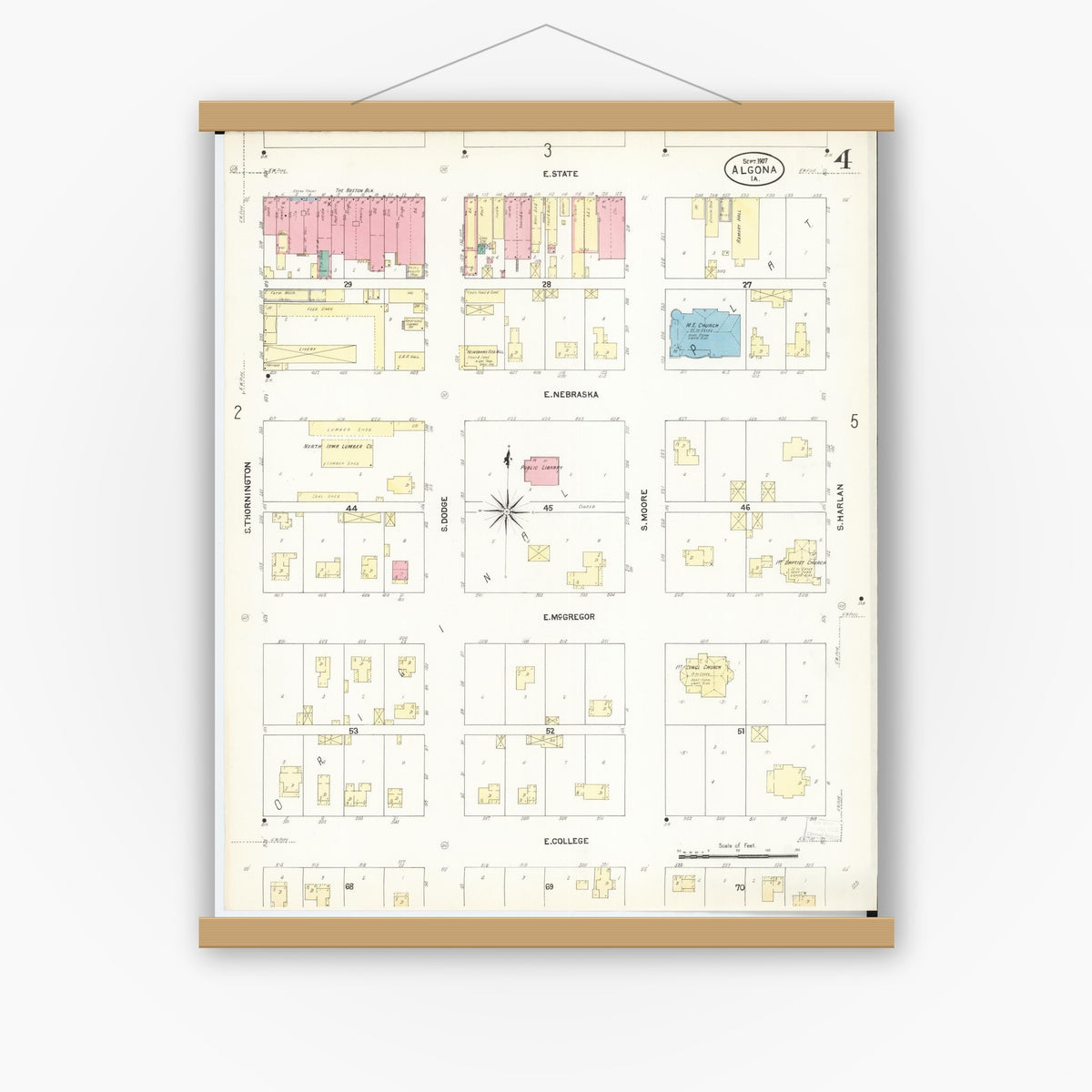 Old map wall art mockup — magnetic wood frame on white wall — Sanborn Fire Insurance Map from Algona, Kossuth County, Iowa (1907), Sheet #0004