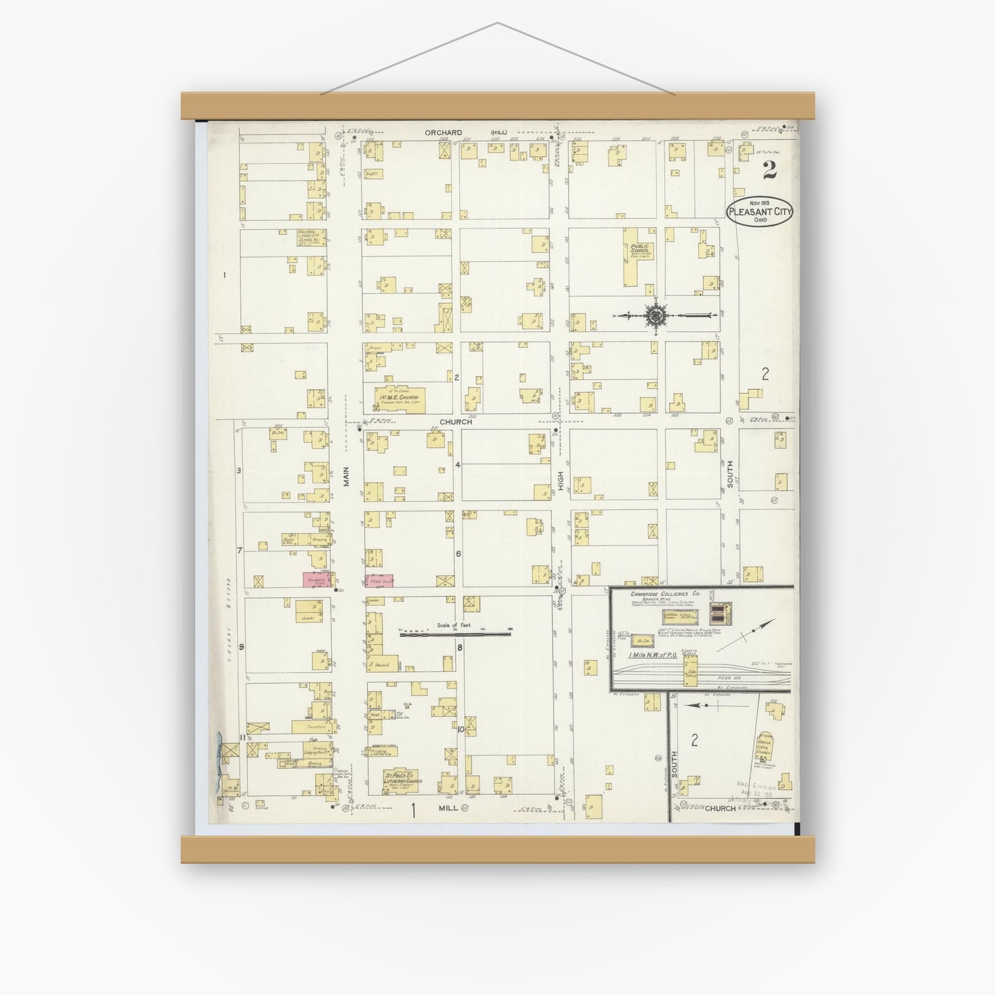 Old map wall art mockup — magnetic wood frame on white wall — Sanborn Fire Insurance Map from Pleasant City, Guernsey County, Ohio (1913), Sheet #0002