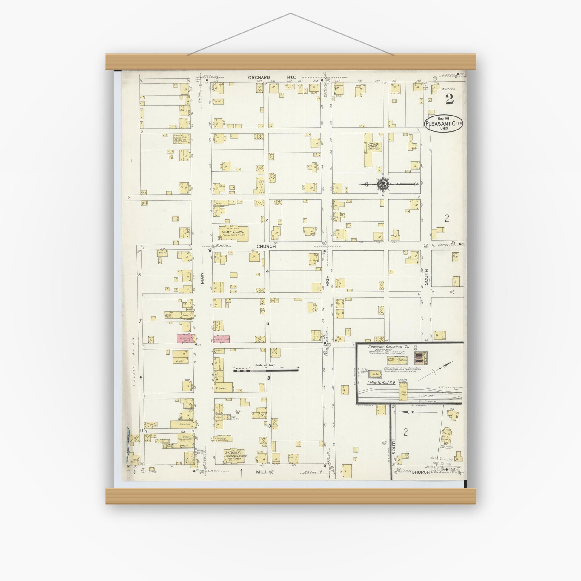 Old map wall art mockup — magnetic wood frame on white wall — Sanborn Fire Insurance Map from Pleasant City, Guernsey County, Ohio (1913), Sheet #0002