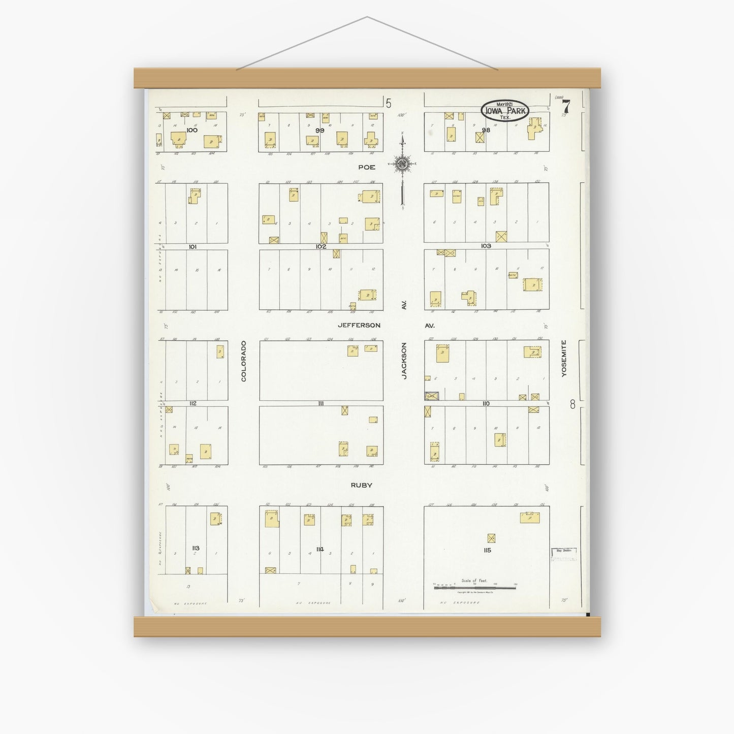 Old map wall art mockup — magnetic wood frame on white wall — Sanborn Fire Insurance Map from Iowa Park, Wichita County, Texas (1921), Sheet #0007