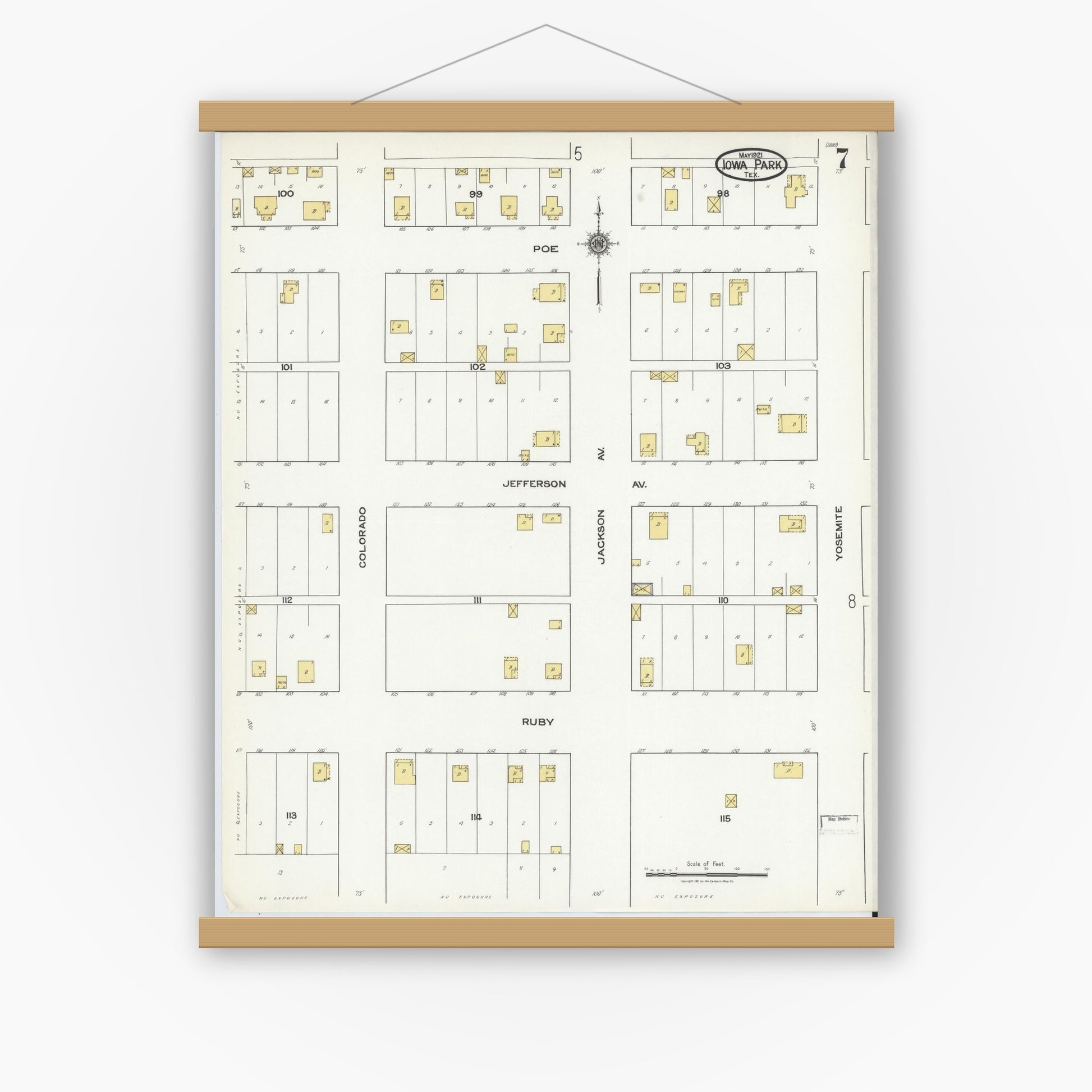 Old map wall art mockup — magnetic wood frame on white wall — Sanborn Fire Insurance Map from Iowa Park, Wichita County, Texas (1921), Sheet #0007