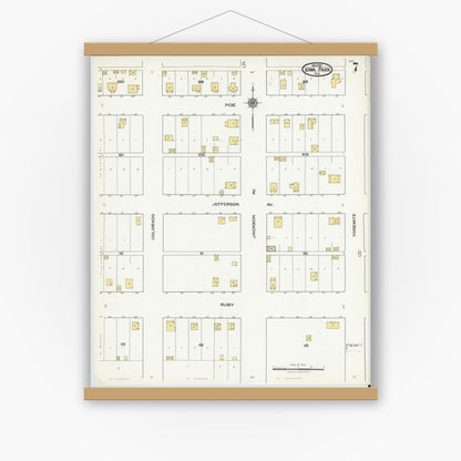 Old map wall art mockup — magnetic wood frame on white wall — Sanborn Fire Insurance Map from Iowa Park, Wichita County, Texas (1921), Sheet #0007