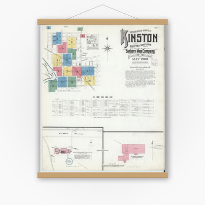 Old map wall art mockup — magnetic wood frame on white wall — Sanborn Fire Insurance Map from Kinston, Lenoir County, North Carolina (1908), Sheet #0001