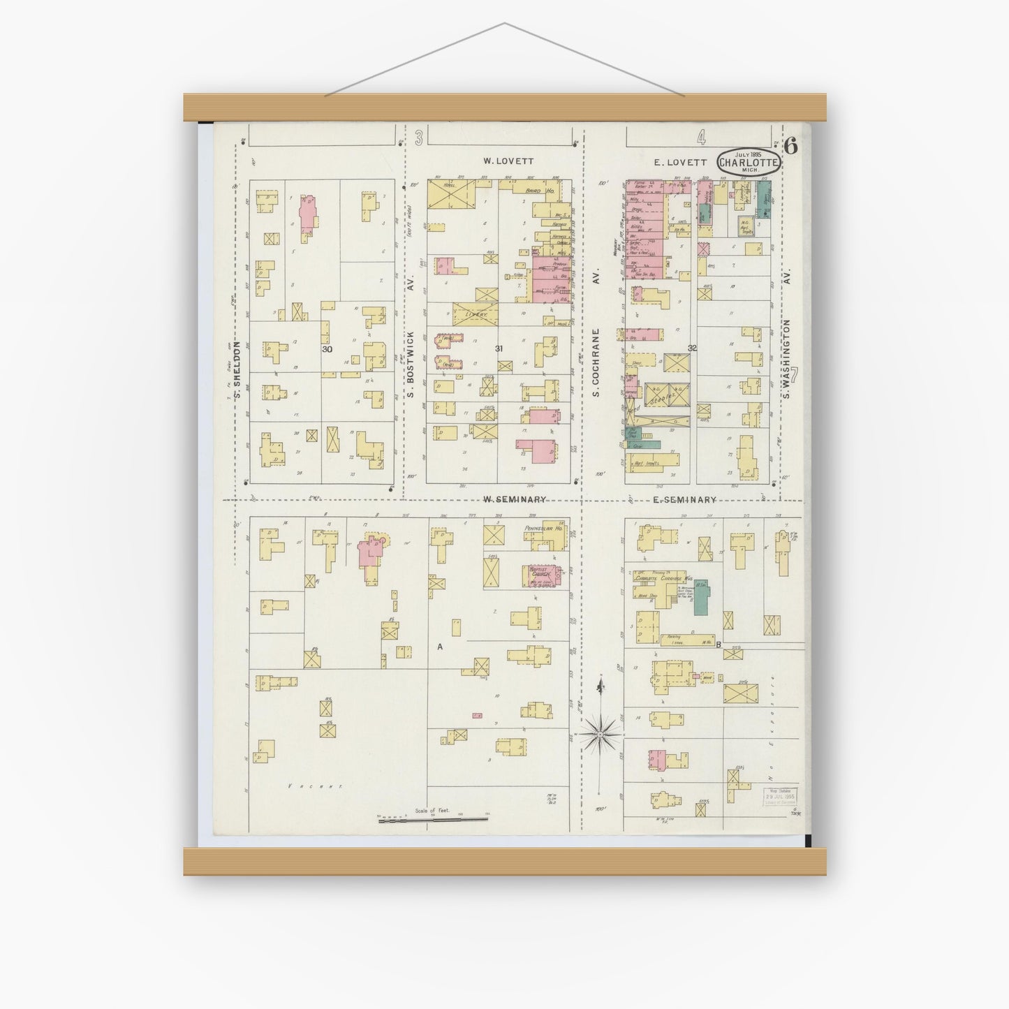 Old map wall art mockup — magnetic wood frame on white wall — Sanborn Fire Insurance Map from Charlotte, Eaton County, Michigan (1895), Sheet #0006