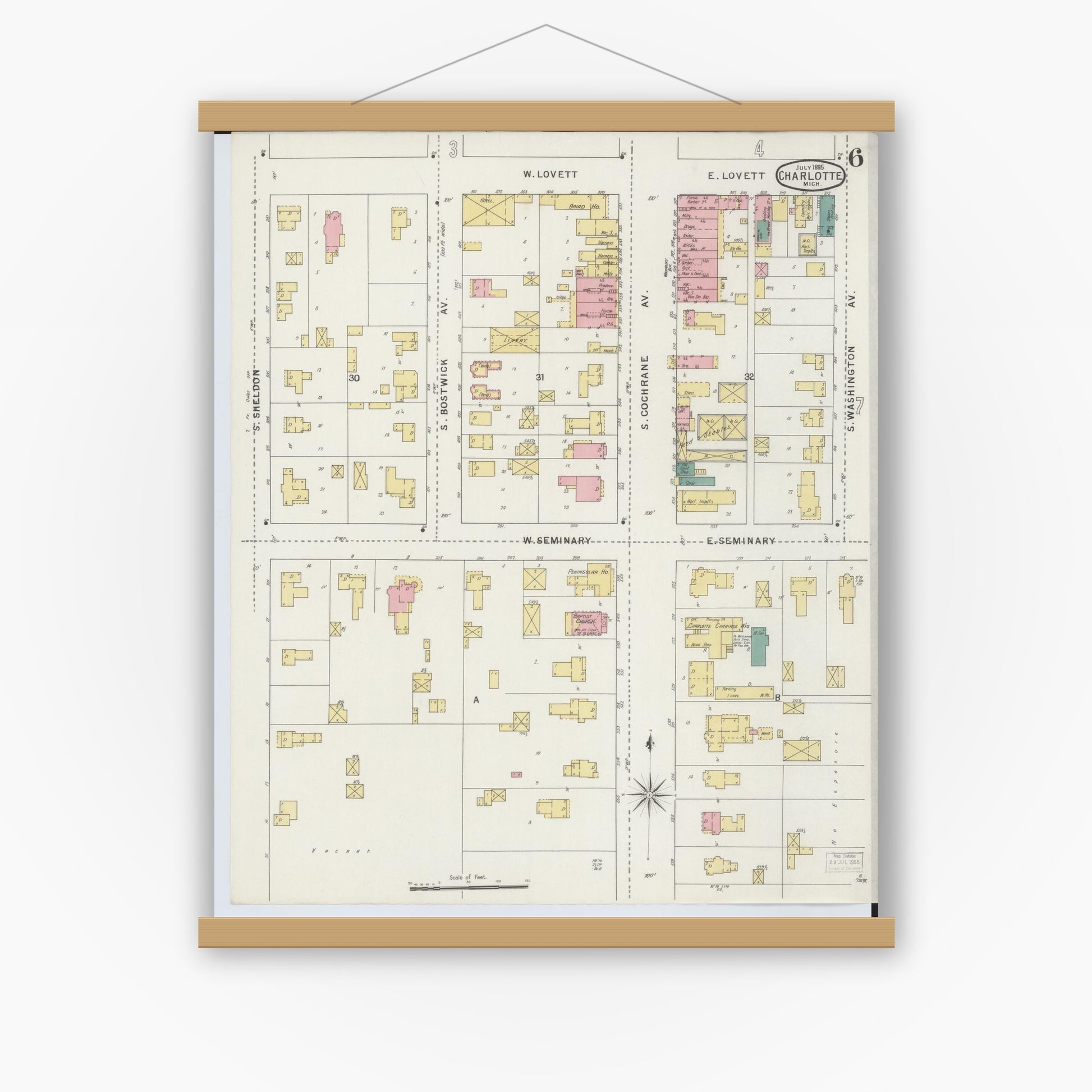 Old map wall art mockup — magnetic wood frame on white wall — Sanborn Fire Insurance Map from Charlotte, Eaton County, Michigan (1895), Sheet #0006