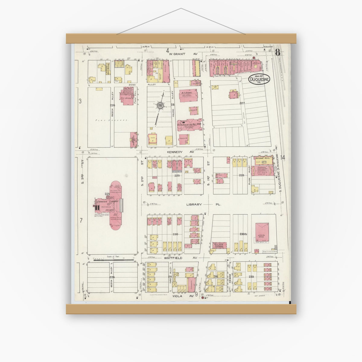 Old map wall art mockup — magnetic wood frame on white wall — Sanborn Fire Insurance Map from Duquesne, Allegheny County, Pennsylvania (1917), Sheet #0008