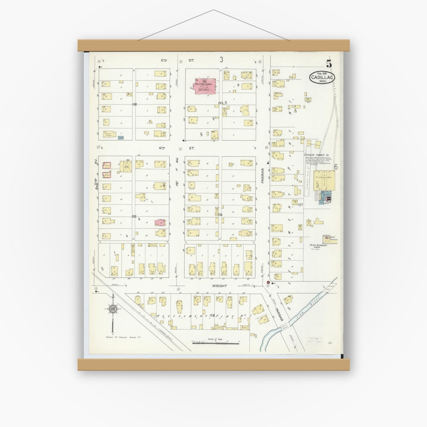 Old map wall art mockup — magnetic wood frame on white wall — Sanborn Fire Insurance Map from Cadillac, Wexford County, Michigan (1914), Sheet #0005