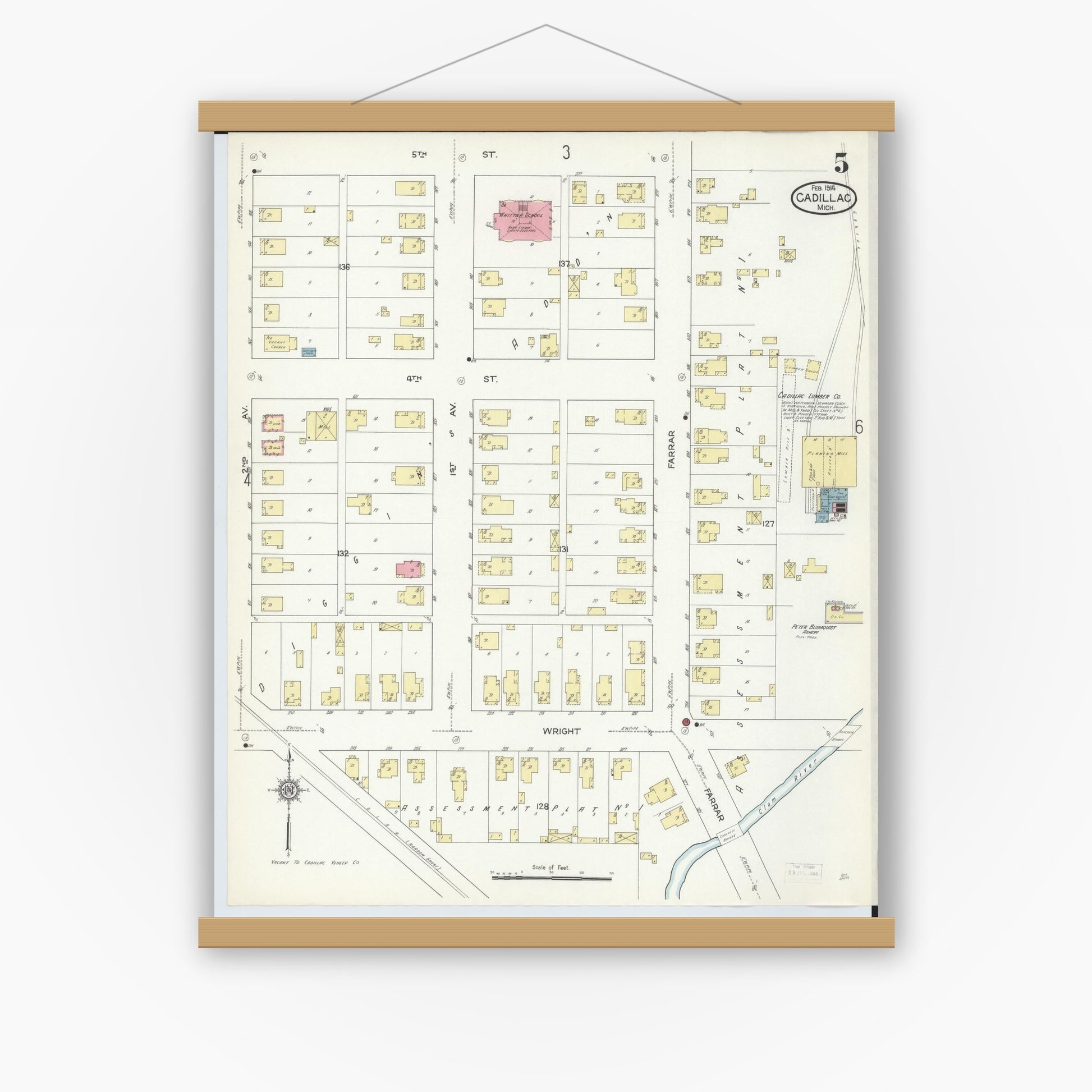 Old map wall art mockup — magnetic wood frame on white wall — Sanborn Fire Insurance Map from Cadillac, Wexford County, Michigan (1914), Sheet #0005