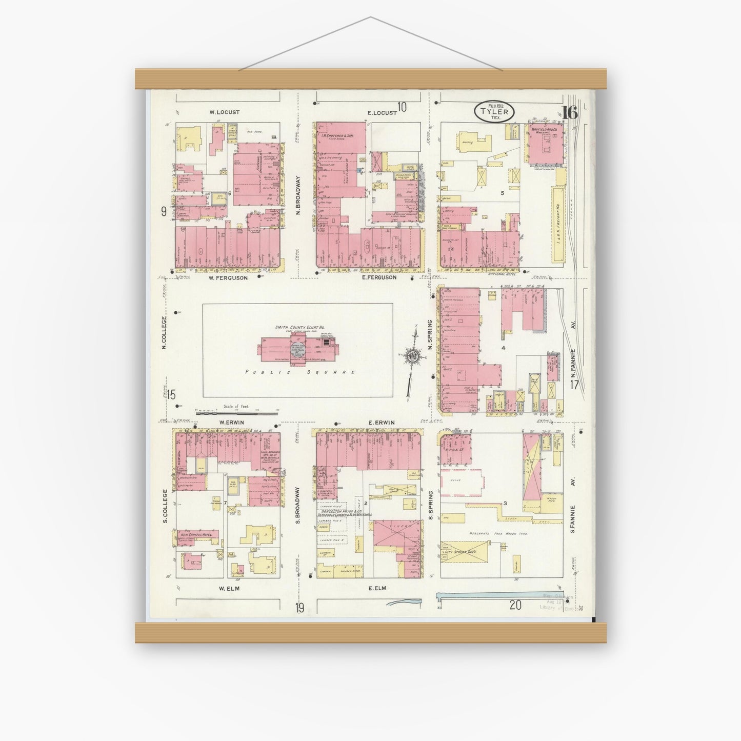 Old map wall art mockup — magnetic wood frame on white wall — Sanborn Fire Insurance Map from Tyler, Smith County, Texas (1912), Sheet #0016