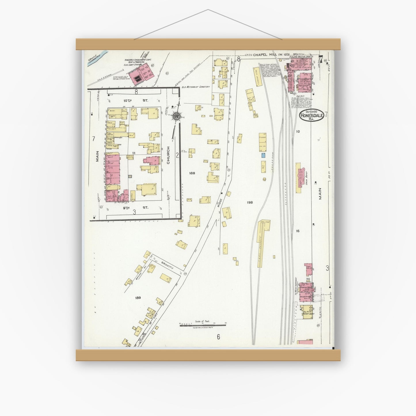 Old map wall art mockup — magnetic wood frame on white wall — Sanborn Fire Insurance Map from Honesdale, Wayne County, Pennsylvania (1920), Sheet #0007