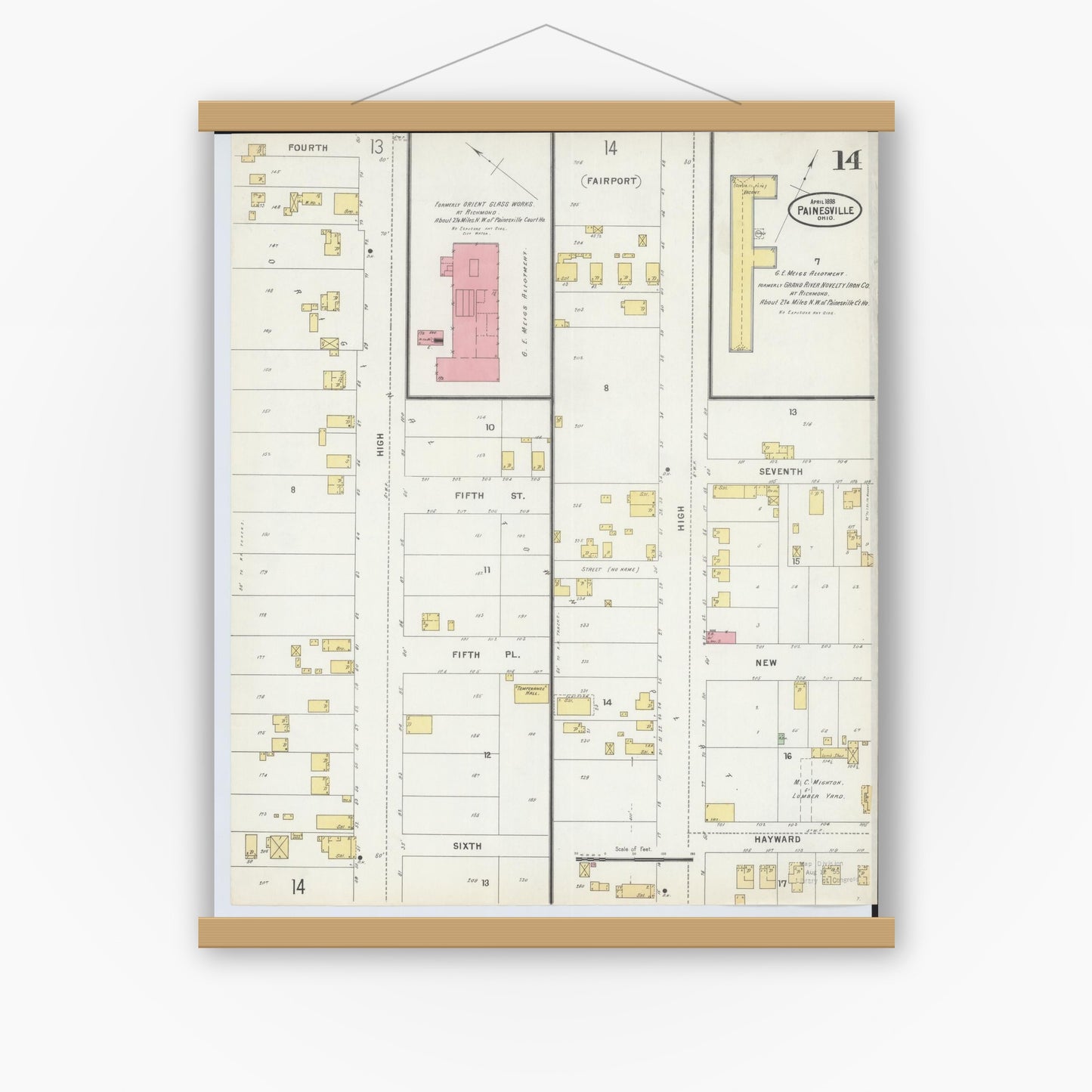 Old map wall art mockup — magnetic wood frame on white wall — Sanborn Fire Insurance Map from Painesville, Lake County, Ohio (1898), Sheet #0014