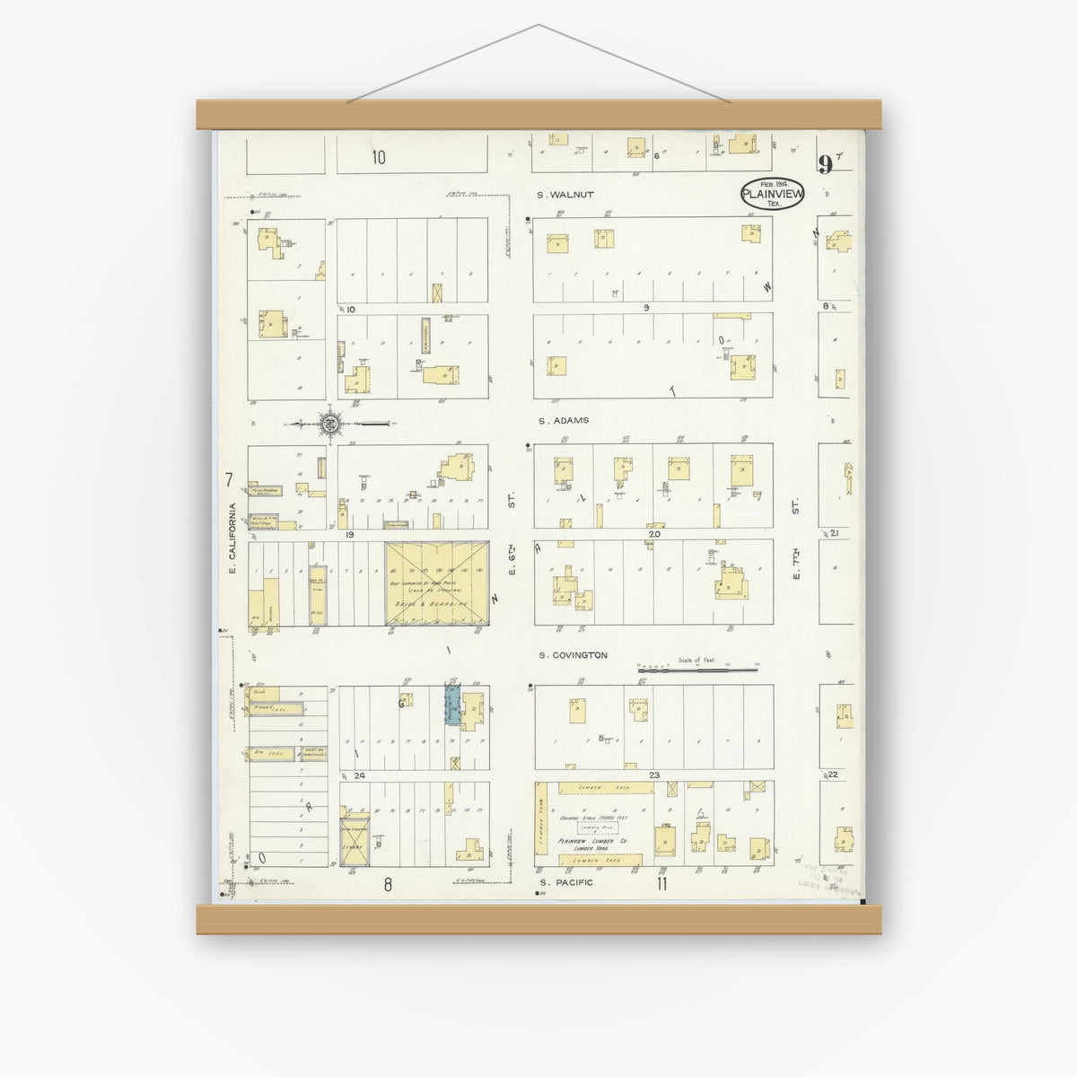Old map wall art mockup — magnetic wood frame on white wall — Sanborn Fire Insurance Map from Plainview, Hale County, Texas (1914), Sheet #0009