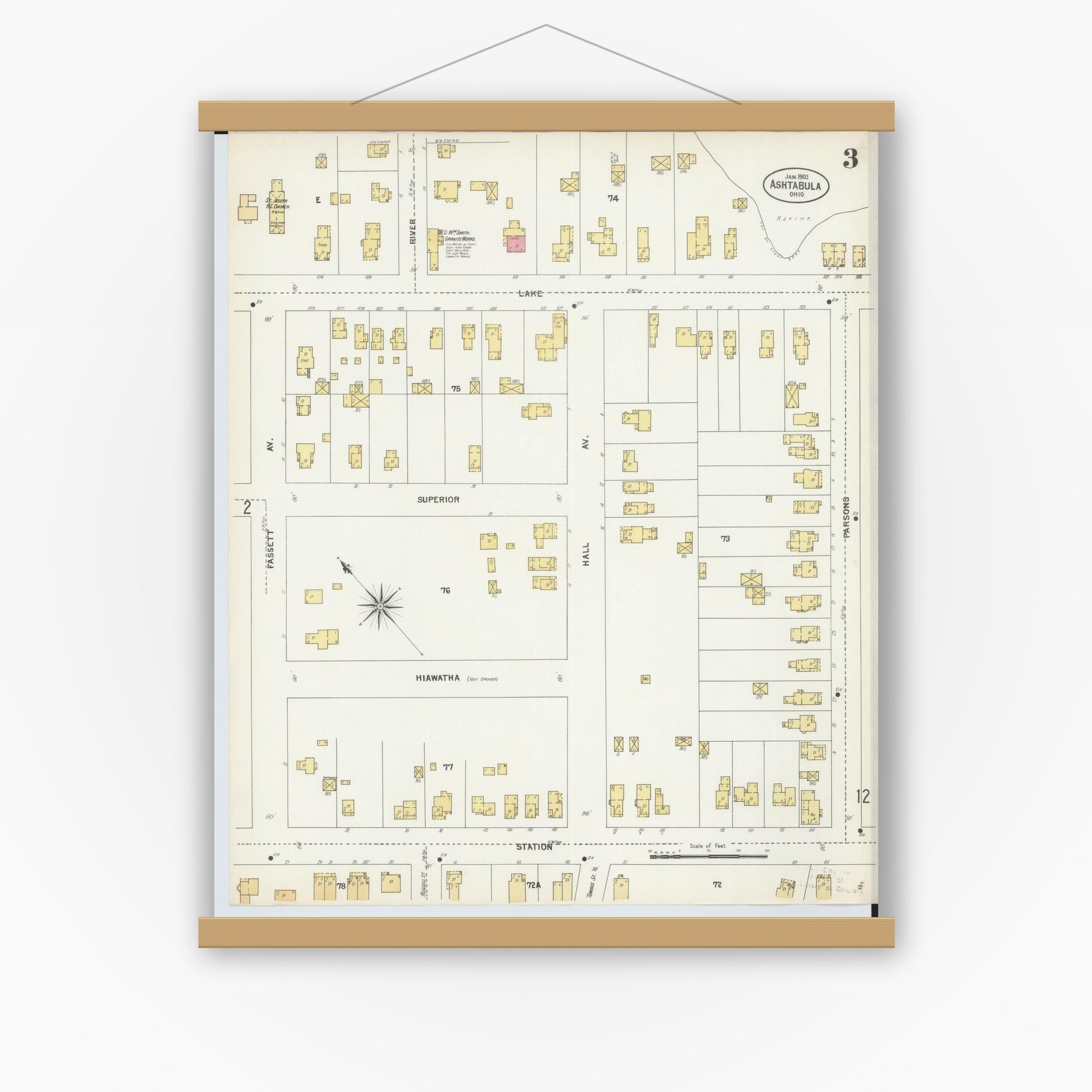 Old map wall art mockup — magnetic wood frame on white wall — Sanborn Fire Insurance Map from Ashtabula, Ashtabula County, Ohio (1903), Sheet #0003