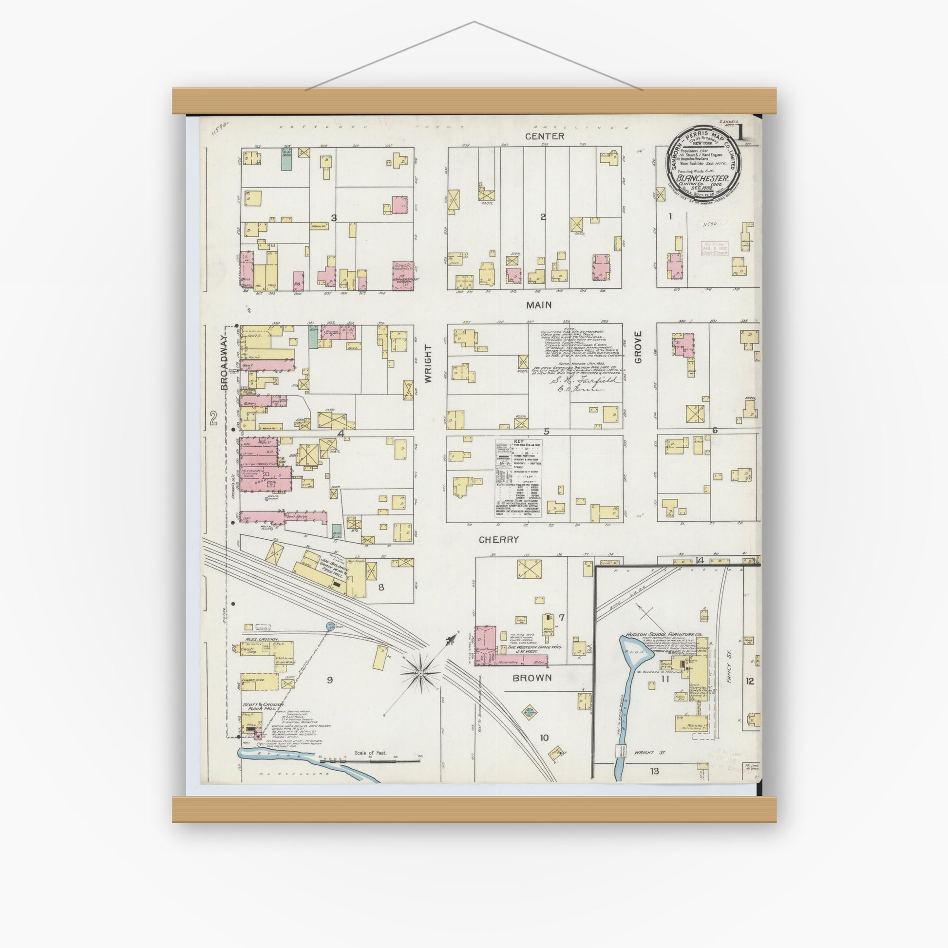 Old map wall art mockup — magnetic wood frame on white wall — Sanborn Fire Insurance Map from Blanchester, Clinton County, Ohio (1892), Sheet #0001